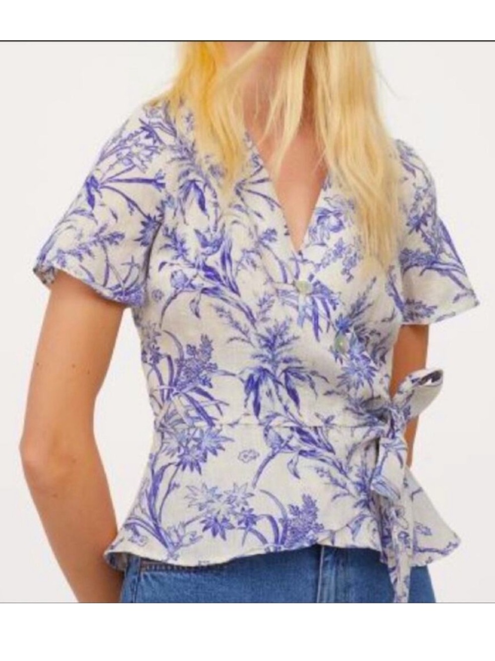 H&M  Linen Blue and White Floral Blouse